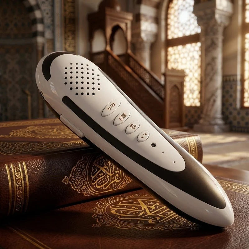 Dar Al Ghalah Quran reading pen by Darziq, a sleek black tech device with a digital display and reading functions.