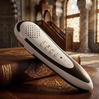 Dar Al Ghalah Quran reading pen by Darziq, a sleek black tech device with a digital display and reading functions.