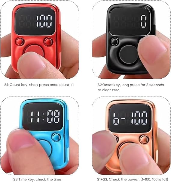 Darziq digital finger tally counter with LED display, compact handheld tech device for counting and tracking scores or items.