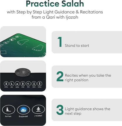 Smart interactive prayer mat by Darziq with digital display and sensor technology, designed for enhanced prayer experience.