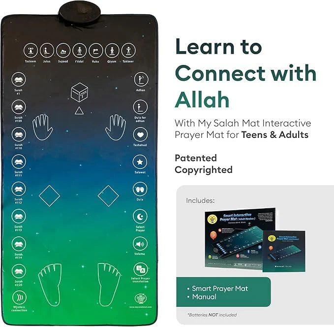 Darziq Smart Interactive Prayer Mat displaying digital interface with prayer directions and features, designed for Muslim worship.