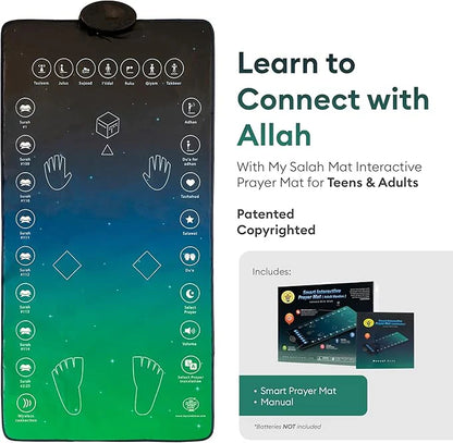 Darziq Smart Interactive Prayer Mat displaying digital interface with prayer directions and features, designed for Muslim worship.