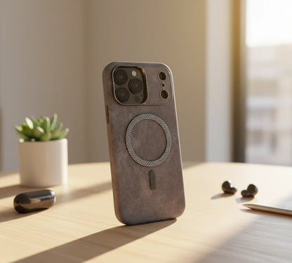 Vintage leather MagSafe case for iPhone by Darziq, showcasing the stylish, textured leather exterior and magnetic attachment.