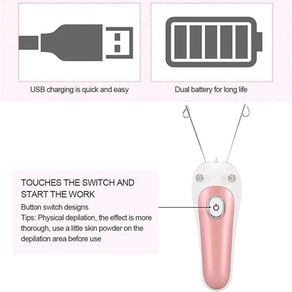 Darziq electric facial threading device for hair removal, showing the compact handheld tool used for precise facial hair removal.