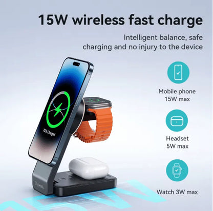 Darziq Hoco 3-in-1 Magnetic Wireless Charger CQ3 charging smartphone, smartwatch, and earbuds simultaneously on a sleek black pad.