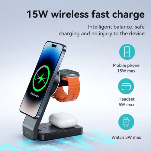 Darziq Hoco 3-in-1 Magnetic Wireless Charger CQ3 charging smartphone, smartwatch, and earbuds simultaneously on a sleek black pad.
