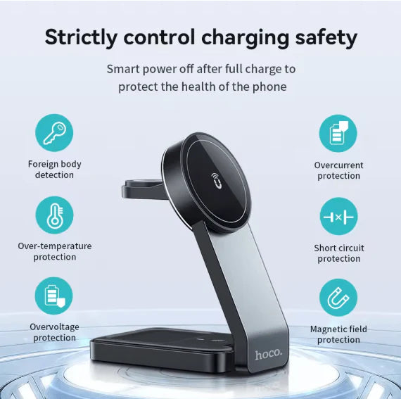 Darziq Hoco 3-in-1 Magnetic Wireless Charger CQ3 for smartphones, earbuds, and smartwatch charging on a sleek surface.