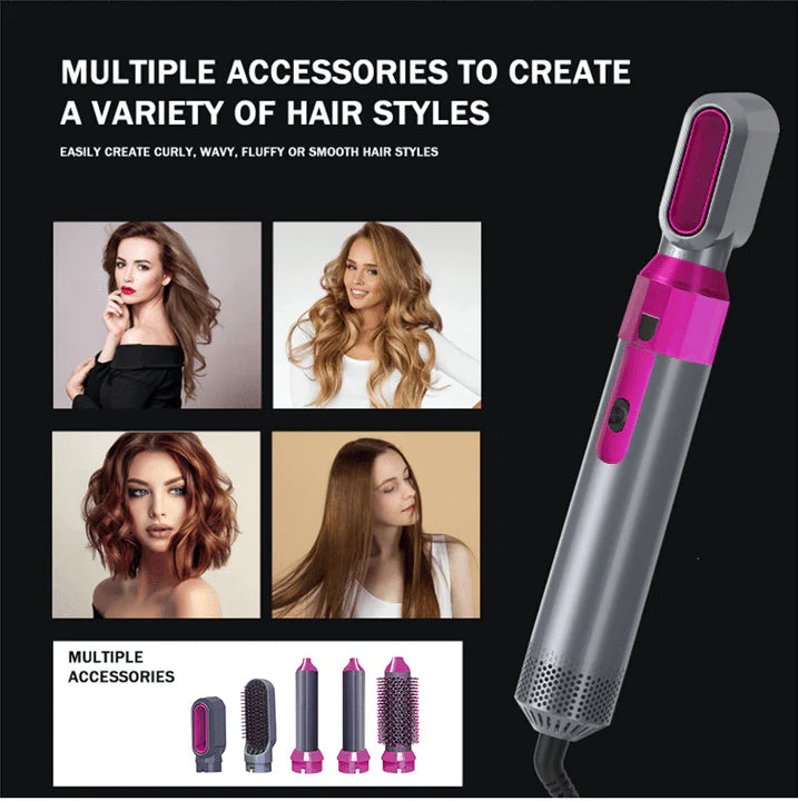 Darziq 5-in-1 Hot Air Brush for styling and drying hair, with multiple attachments for versatile hair care and styling.