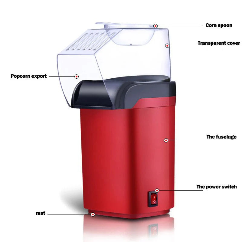 Darziq mini popcorn machine for home and kitchen, compact appliance with stainless steel kettle and popcorn popping in action.