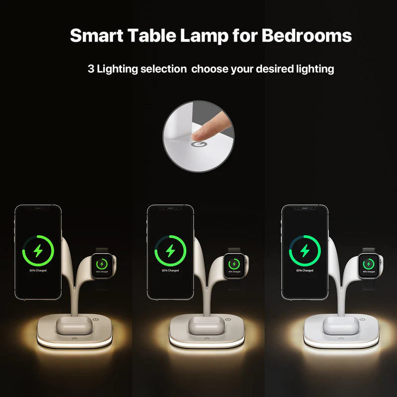 Darziq wireless charger and stand holding a smartphone, watch, and headphones on a desktop setup.