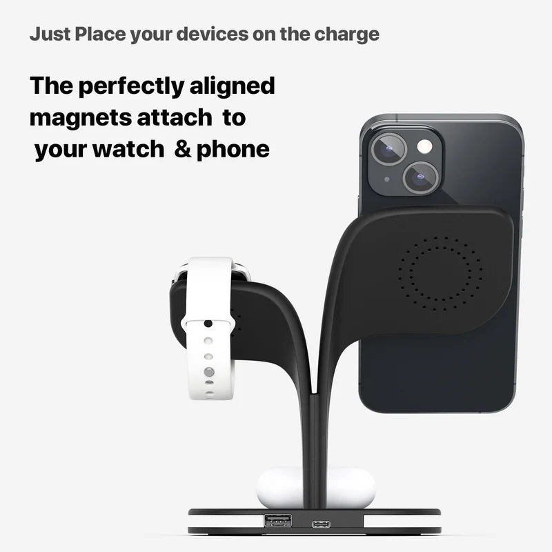 Darziq wireless phone desktop charger with stand for watch and headphones, compact gadget for organized charging and device display.