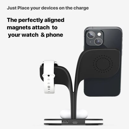 Darziq wireless phone desktop charger with stand for watch and headphones, compact gadget for organized charging and device display.