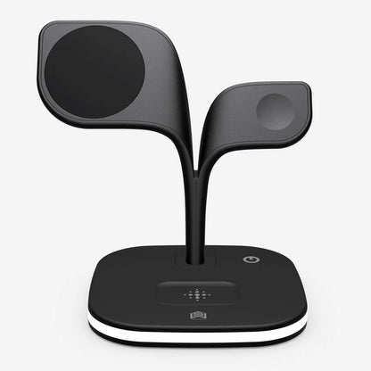 Darziq desktop gadget with wireless phone charger, watch stand, and headphone holder on a modern workspace.