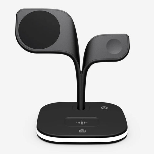 Darziq desktop gadget with wireless phone charger, watch stand, and headphone holder on a modern workspace.
