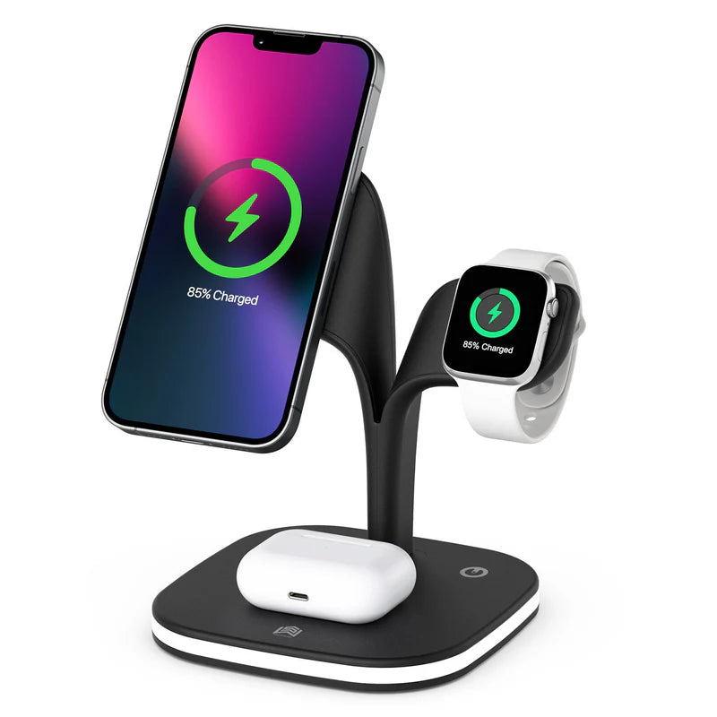 Darziq wireless phone desktop charger with watch and headphone stand for convenient gadget organization and charging.