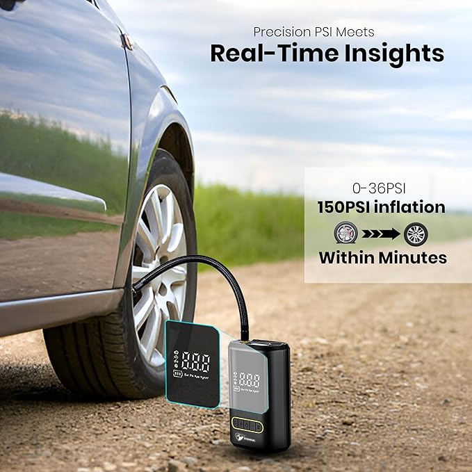Darziq portable digital air compressor tire inflator for cars showing digital display and air hose attachment.