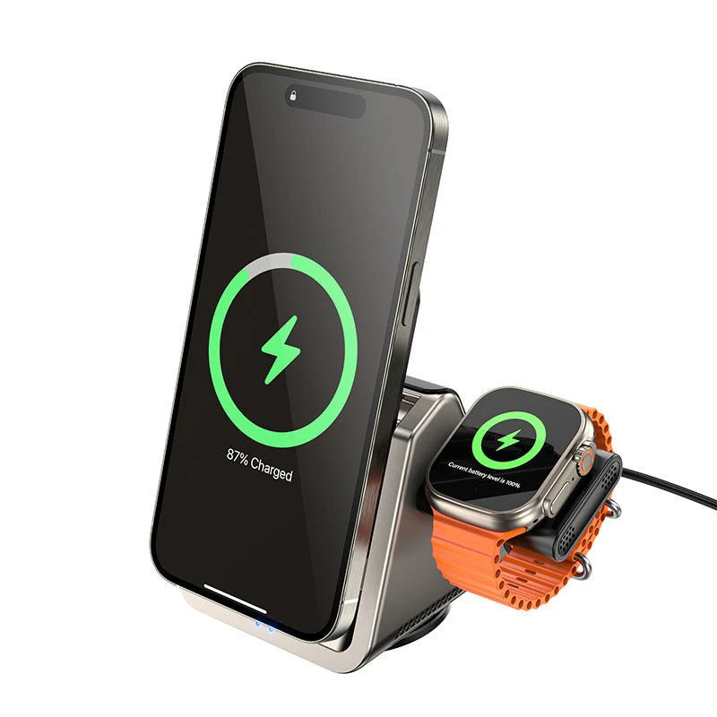 Darziq three-in-one magnetic wireless charger with multiple device charging ports and sleek design, ideal for tech accessories.