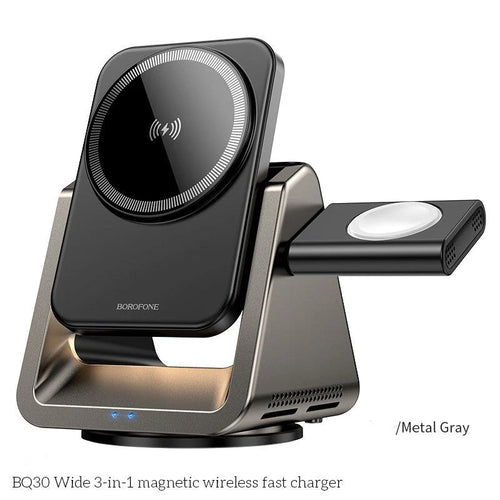 Darziq three-in-one magnetic wireless charger for smartphones, smartwatch, and earbuds with sleek modern design.