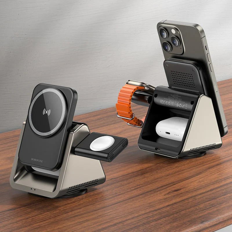 Darziq three-in-one magnetic wireless charger with multiple charging ports and sleek design for versatile device charging.