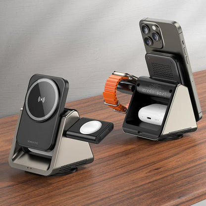 Darziq three-in-one magnetic wireless charger with multiple charging ports and sleek design for versatile device charging.