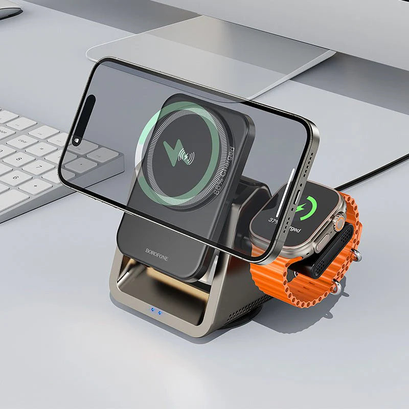 Darziq three-in-one magnetic wireless charger with multiple charging ports and sleek design for easy device charging.