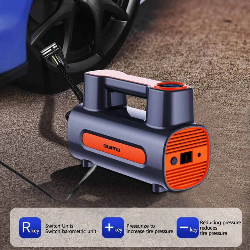 Darziq 12V DC portable tire inflator compressor for car tires, compact electric auto pump for quick inflation.