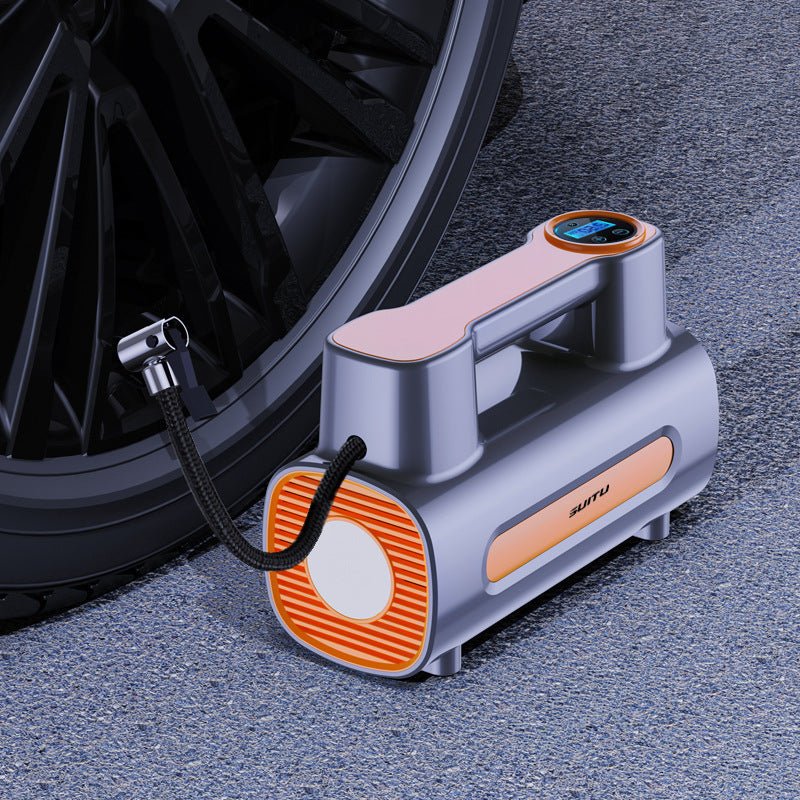 Darziq 12V DC portable tire inflator and electric compressor for car tires, compact auto air pump for vehicle inflation.