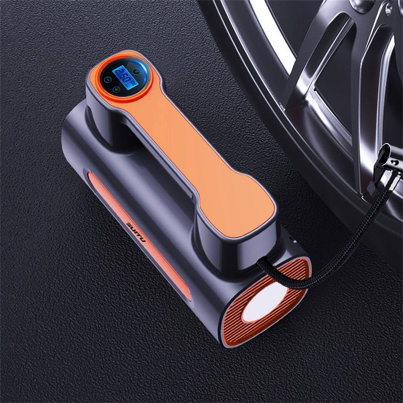 Darziq 12V DC portable tire inflator compressor showing digital gauge and air hose attached to car tire.
