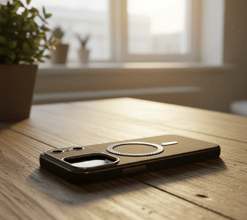 Darziq vintage leather MagSafe case for iPhone showcasing a classic brown leather design with precise cutouts and a snug fit.