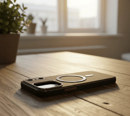 Darziq vintage leather MagSafe case for iPhone showcasing a classic brown leather design with precise cutouts and a snug fit.