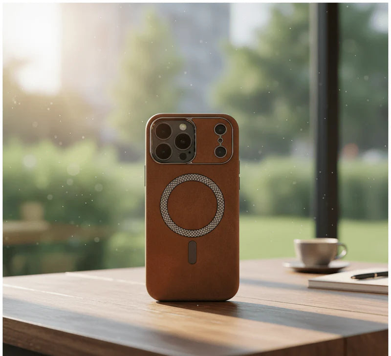 Vintage leather MagSafe case for iPhone by Darziq, showing a sleek, brown leather exterior with precise cutouts for charging and buttons.