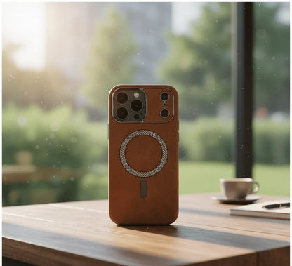 Vintage leather MagSafe case for iPhone by Darziq, showing a sleek, brown leather exterior with precise cutouts for charging and buttons.
