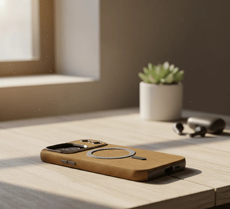 Vintage leather MagSafe case for iPhone by Darziq, featuring a sleek, textured leather exterior and precise cutouts for ports.