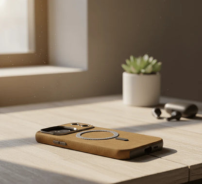 Vintage leather MagSafe case for iPhone by Darziq, featuring a sleek, textured leather exterior and precise cutouts for ports.