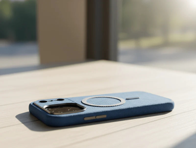 Vintage leather MagSafe case for iPhone by Darziq, showing the textured brown leather exterior and precise cutouts for the phone.